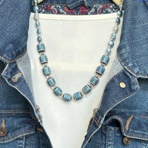 Blue and White Beaded Drumlike Necklace and Earrings Set NWT